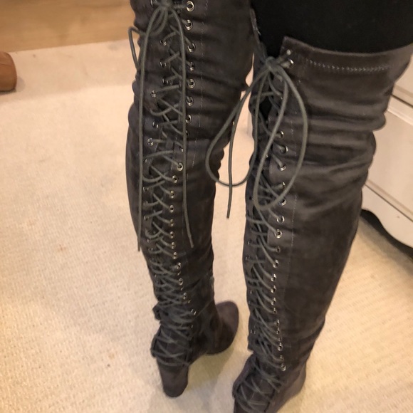 Gray Lace Up Over the Knee Boots - Picture 3 of 3